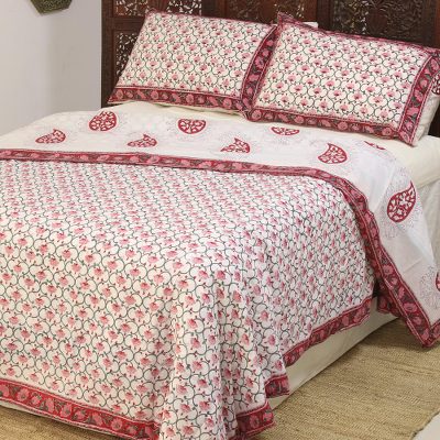 Cotton duvet cover and pillow sham set, 'Jaipur Blooms' (3 piece) - Flower Motif Cotton Duvet Cover and Sham Set (3 Piece)