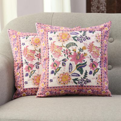 Block-printed cotton cushion covers, Festive Blossoms (pair)