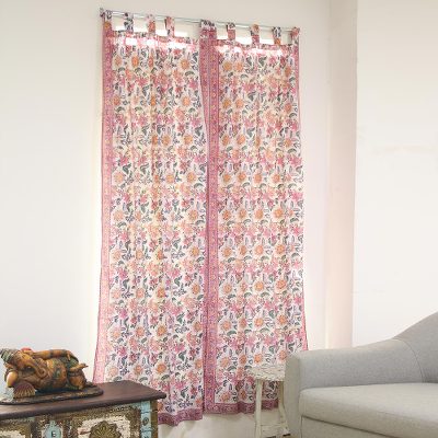 Block-printed cotton curtains, Festive Blossoms (pair)