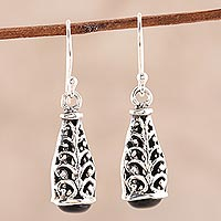 Onyx dangle earrings, 'Magic Nest' - Swirl Motif Onyx Dangle Earrings from India