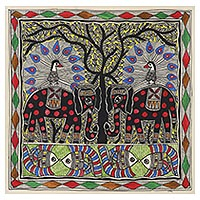 Madhubani painting, 'Glorious Union' - Nature-Themed Traditional Madhubani Painting from India