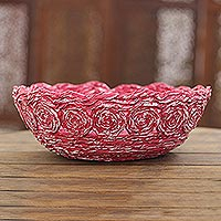 Recycled paper basket, 'Beautiful Spirals in Pink' - Recycled Paper Basket in Red from India