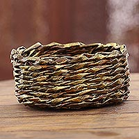 Recycled paper basket, 'Golden Nest' - Gold-Tone Recycled Paper Basket from India