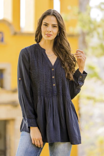 Rayon pintuck blouse 'India Breeze' - Blue Rayon Pintucked Blouse from India