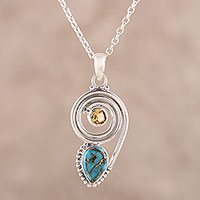 Citrine and composite turquoise pendant necklace, 'Wondrous Coil' - Citrine and Composite Turquoise Pendant Necklace from India