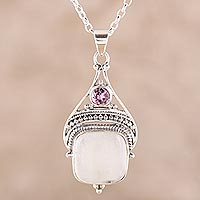 Rainbow moonstone and amethyst pendant necklace, 'Undying Elegance' - Rainbow Moonstone and Amethyst Pendant Necklace from India