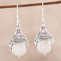 Rainbow moonstone and amethyst dangle earrings, 'Undying Elegance' - Rainbow Moonstone and Amethyst Dangle Earrings from India