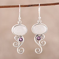 Rainbow moonstone and amethyst dangle earrings, 'Oval Tendrils' - Rainbow Moonstone and Amethyst Earrings from India