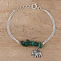 Aventurine bracelet, 'Dangling Elephant' - Sterling Silver and Aventurine Elephant Bracelet from India
