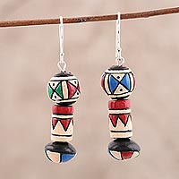 Ceramic dangle earrings, 'Aztec Style' - Hand-Painted Ceramic Dangle Earrings from India