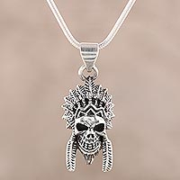 Men's sterling silver pendant necklace, 'Warrior Skull' - Men's Sterling Silver Warrior Skull Pendant Necklace