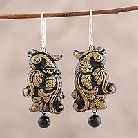 Ceramic dangle earrings, 'Peacock Royalty' - Golden Peacock Ceramic Dangle Earrings from India
