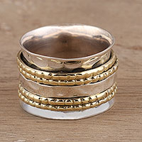 Sterling silver and brass spinner ring, 'Energetic Quintet' - Sterling Silver and Brass Spinner Ring from India