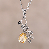 Rhodium plated citrine pendant necklace, 'Glittering Vines' - Leafy Rhodium Plated Citrine Pendant Necklace from India