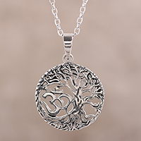 Sterling silver pendant necklace, 'Pious Om' - Sterling Silver Om Tree Pendant Necklace from India
