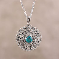 Sterling silver and composite turquoise pendant necklace, 'Classic Jali' - Jali Pattern Sterling Silver and Comp. Turquoise Necklace