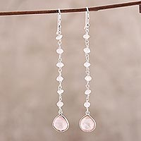 Rose quartz dangle earrings, 'Morning Drops' - 4-Carat Rose Quartz Dangle Earrings from India