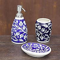 Ceramic bathroom set, 'Dark Blue Garden' (set of 3) - Floral Ceramic Bathroom Set in Dark Blue (Set of 3)
