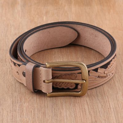 Men's leather belt, 'Buff Leaves' - Men's Leaf Pattern Leather Belt in Buff from India
