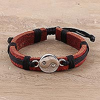 Sterling silver and leather wristband bracelet, 'Spiritual Balance' - Sterling Silver and Leather Yin Yang Wristband Bracelet