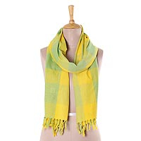 Cotton scarf, 'Daffodil Glow' - Daffodil and Turquoise Cotton Wrap Scarf from India