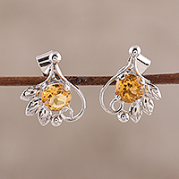 Rhodium plated citrine stud earrings, 'Sunny Leaves' - Leafy Rhodium Plated Citrine Stud Earrings from India