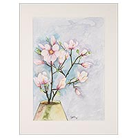 'Spring Blossoms' - Signed Still-Life Floral Watercolor Painting from India