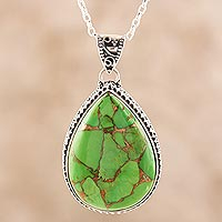 Sterling silver and composite turquoise pendant necklace, 'Green Bliss' - Teardrop Composite Turquoise and Sterling Silver Necklace