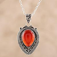 Carnelian pendant necklace, 'Red-Orange Drop' - Red-Orange Carnelian Teardrop Pendant Necklace from India