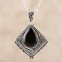 Onyx pendant necklace, 'Black Kite' - Kite-Shaped Onyx Pendant Necklace from India