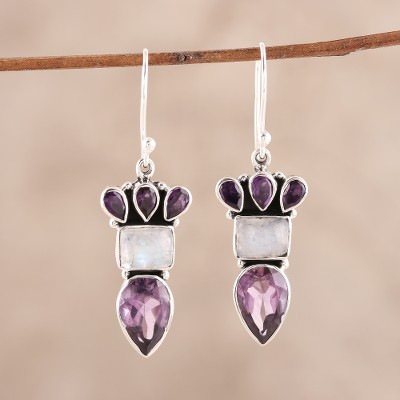 Amethyst and rainbow moonstone dangle earrings, Lavender Mist