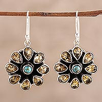 Citrine dangle earrings, 'Floral Glitter' - Citrine and Composite Turquoise Dangle Earrings from India