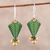 Ceramic dangle earrings, 'Green Fern' - Fern Leaf Ceramic Dangle Earrings from India