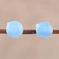 Chalcedony stud earrings, 'Gemstone Orbs' - Round Blue Chalcedony Stud Earrings from India