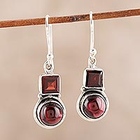 Garnet dangle earrings, 'Glittering Combo' - Square and Circular Garnet Dangle Earrings from India