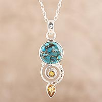 Citrine pendant necklace, 'Cool Labyrinth' - Citrine and Composite Turquoise Spiral Pendant Necklace