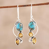 Citrine dangle earrings, 'Classic Glamour' - Faceted Citrine and Composite Turquoise Dangle Earrings