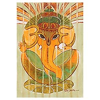 'Lord of Obstacles' - Green and Orange Expressionist Ganesha Painting from India