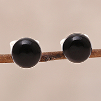 Onyx stud earrings, 'Gemstone Orbs' - Round Black Onyx Stud Earrings from India