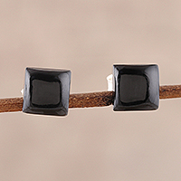 Onyx stud earrings, 'Contemporary Corners' - Square Black Onyx Stud Earrings from India