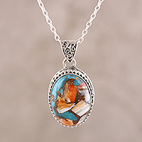 Sterling silver pendant necklace, 'Royal Oval' - Sterling Silver and Oval Composite Turquoise Necklace