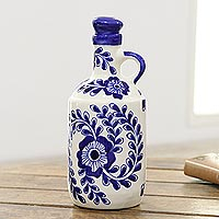 Ceramic bottle, 'Blue Khurja' - Khurja-Style Blue Floral Ceramic Bottle from India