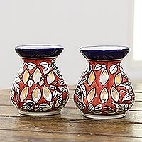 Ceramic oil warmers, 'Floral Scent' (pair) - Red Floral Motif Ceramic Oil Warmers from India (Pair)