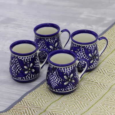 Ceramic mugs, Floral Blue (set of 4)