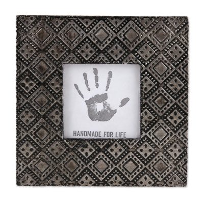Aluminum photo frame, 'Silver Squares' (3x3) - Square Pattern Aluminum Photo Frame from India (3x3)