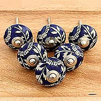 Ceramic knobs, 'Blue Homestead' (set of 6) - Blue Floral Ceramic Knobs from India (Set of 6)