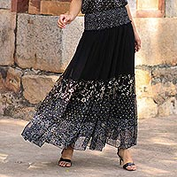 Block-printed viscose chiffon maxi skirt, 'Midnight Glory' - Floral Block-Printed Viscose Maxi Skirt from India