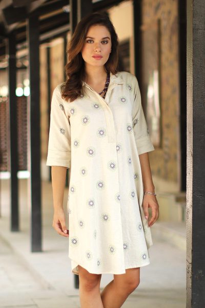 Cotton blend shirt dress, Floral Kantha Stars
