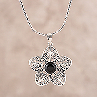 Onyx pendant necklace, 'Delightful Midnight' - Floral Onyx Pendant Necklace from India
