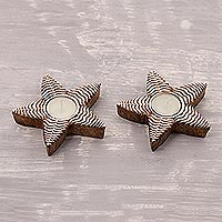 Mango wood tealight holders, 'Ferny Stars' (pair) - Fern Pattern Star Mango Wood Tealight Holders (Pair)